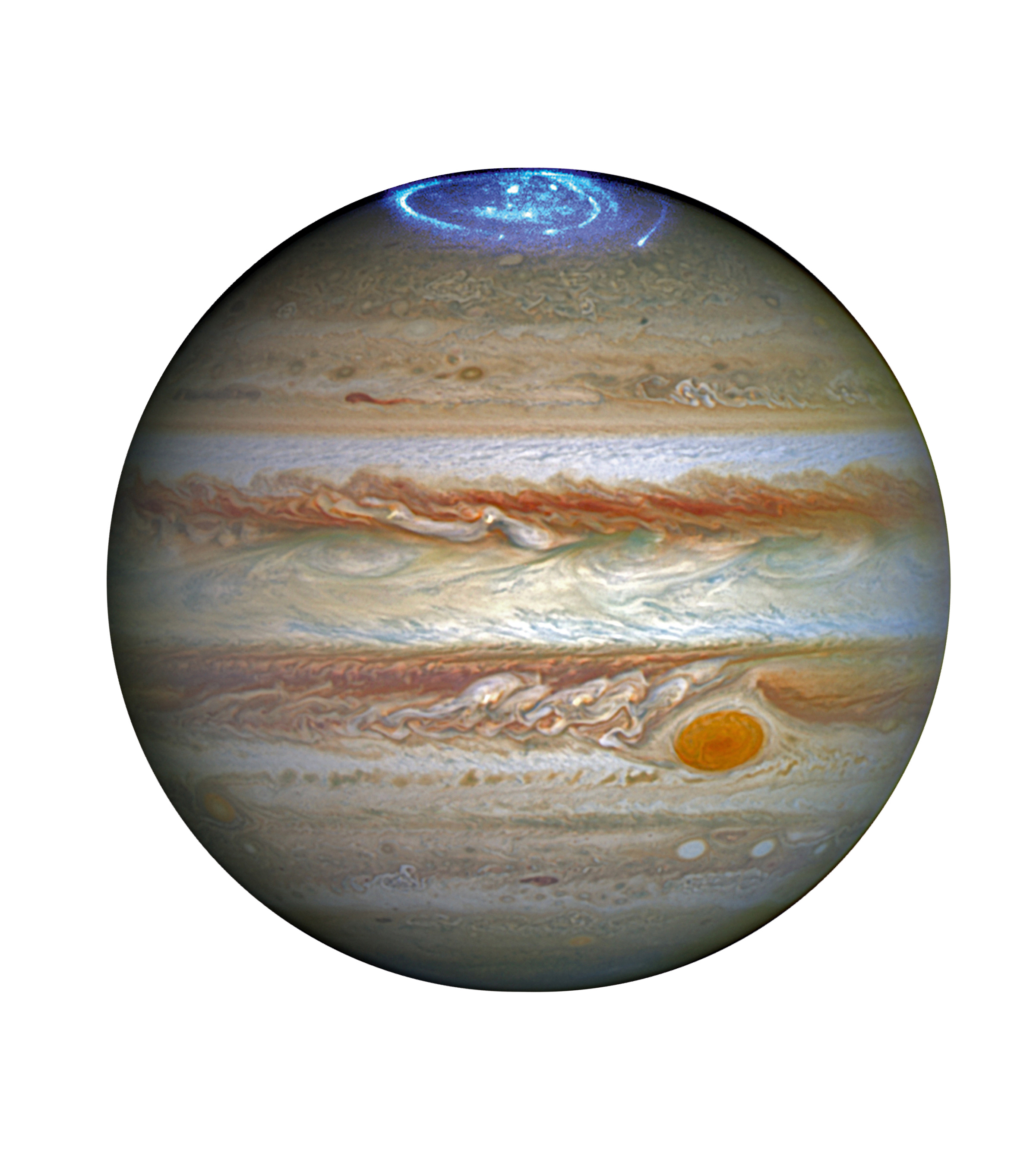 Hubble view of auroras on Jupiter, which are created when high-energy particles enter the planet’s atmosphere near its magnetic poles and collide with atoms of gas. The auroras were recorded in 2016 during a series of Hubble Imaging Spectrograph far-ultraviolet observations, and combined with a separate image of the full disc of Jupiter recorded by Hubble’s Outer Planet Atmospheres Legacy Program (OPAL). NASA / JPLCaltech – Cornell University. As reproduced in Sun and Moon
