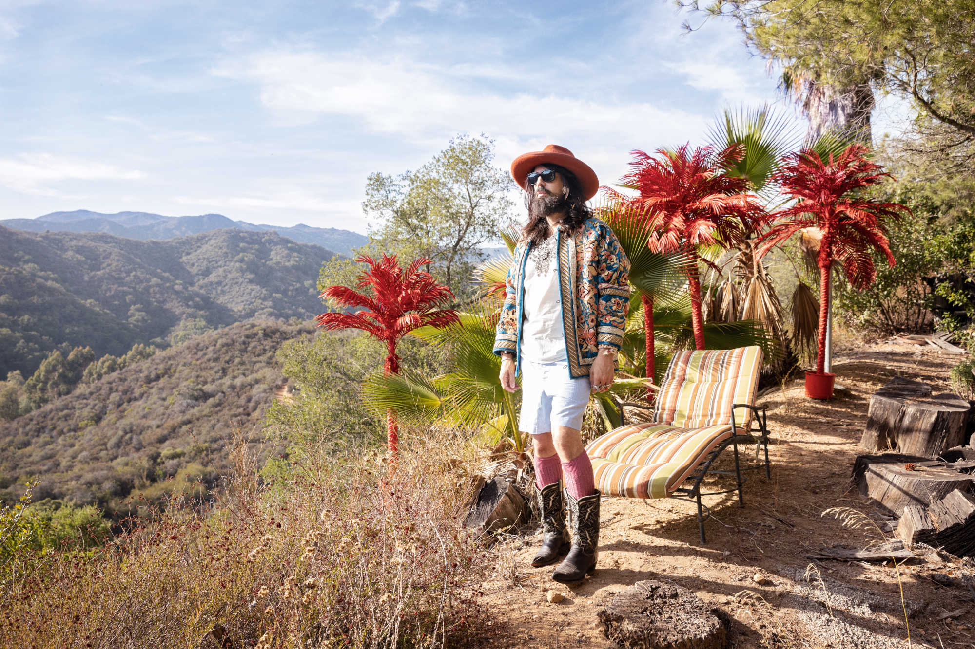 Alessandro Michele, overlooking Sullivan Canyon Park, Los Angeles, photographed for Vogue, May 2019. Photograph by Tierney Gearon