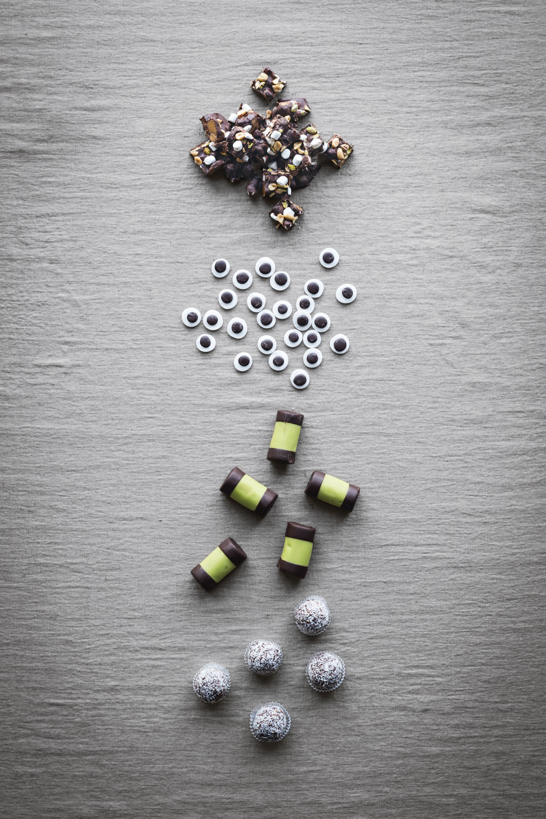 From top: Leila’s Rocky Road; Peppermint and Chocolate Pastilles; Chocolate Cookie Crumb Rolls Flavoured with Punsch; Chocolate Oatmeal Balls. As featured in Magnus Nilsson's The Nordic Baking Book.