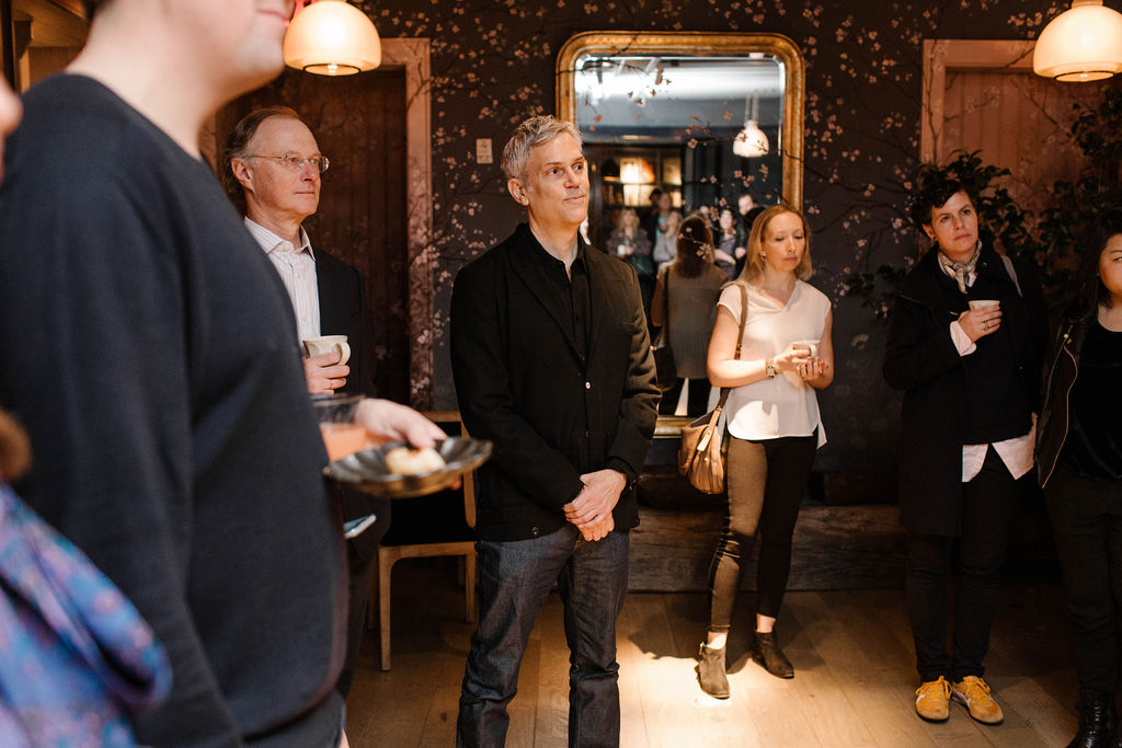 Phaidon's CEO Keith Fox (centre) and Phaidon's Chief Operating Officer Philip Ruppel (left) at the launch for Interiors: The Greatest Rooms of the Century at Roman and Williams Guild New York