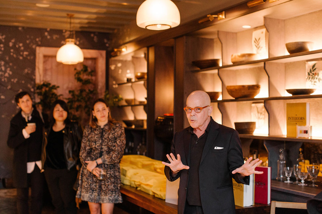 William Norwich addressing guests at the launch for Interiors: The Greatest Rooms of the Century at Roman and Williams Guild New York