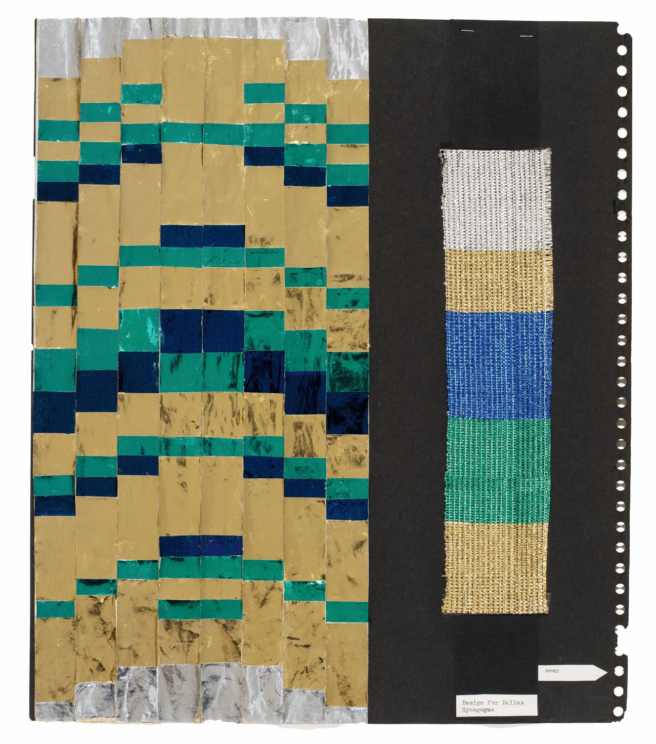 Anni Albers, Study for Temple Emanu-El Ark Panels, 1957. Foil and metallic thread on card. 17 × 14 1/2 in. (43.2 × 36.8 cm). Picture credit: copyright © 2020 The Josef and Anni Albers Foundation/Artists Rights Society (ARS), New York/DACS, London / Photo: Tim Nighswander/Imaging4Art Temple Emanu-Eel is a large synagogue in Dallas, Texas.