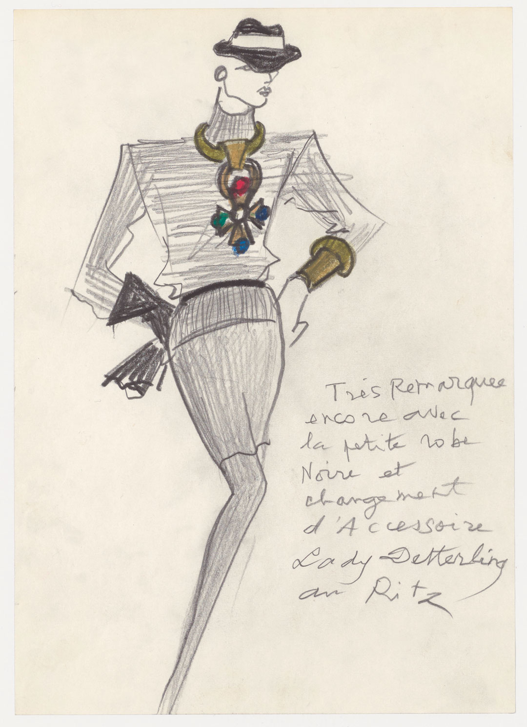 Original sketch for a day outfit accessorized with a man’s hat, a large pectoral with a Maltese cross and gloves. The handwritten note reads: ‘Much admired again with the little black dress and a change of accessories: Lady Detterling at the Ritz’, Autumn/Winter 1988. © Fondation Pierre Bergé – Yves Saint Laurent, Paris/All Rights Reserved
