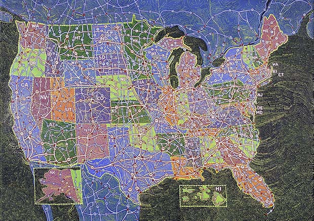 U.S.A. Interstates (2015) by Paula Scher. Image courtesy of Bryce Wolkowitz Gallery