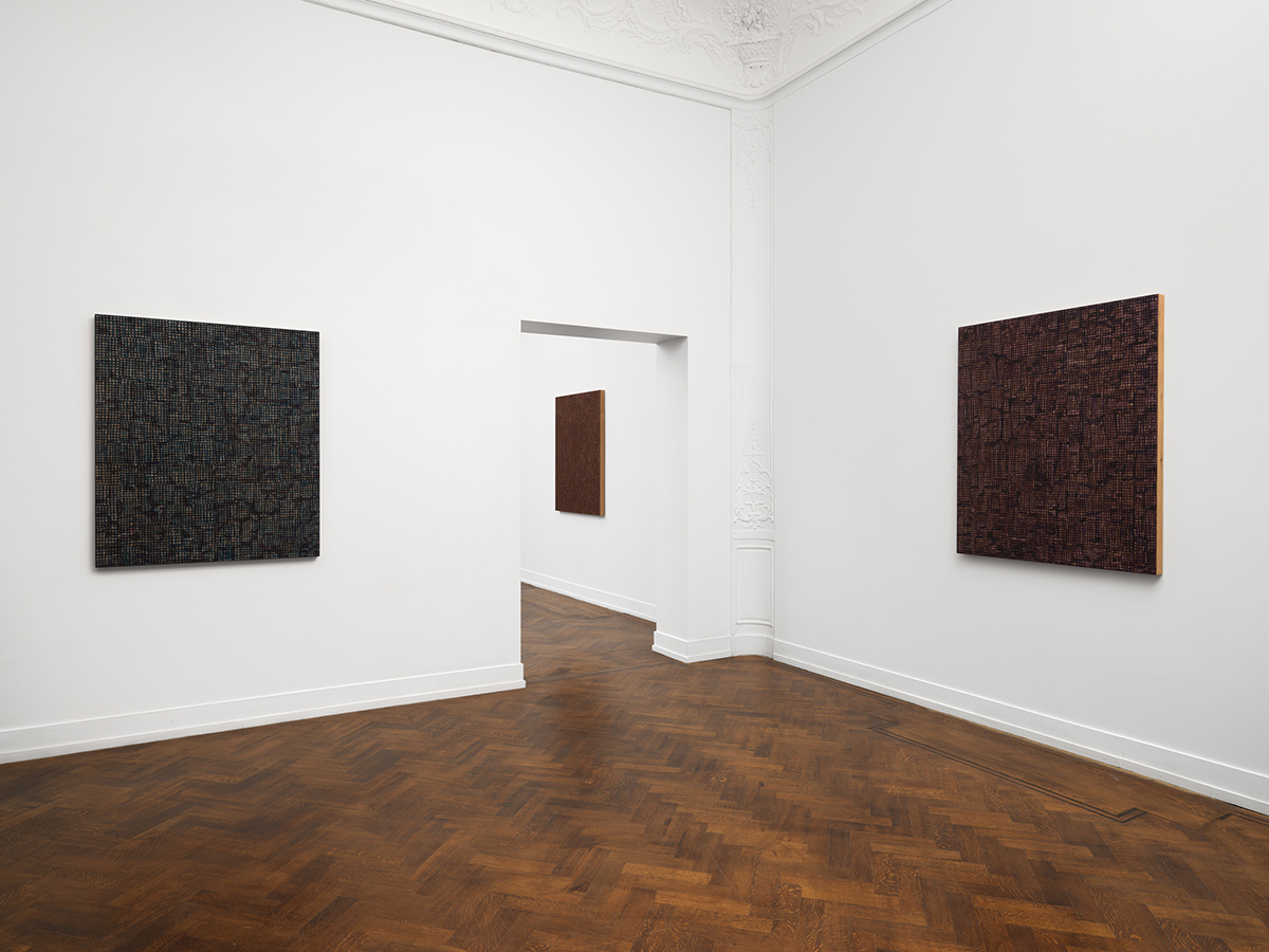 An installation view of DNA: Sepia by McArthur Binion at Massimo De Carlo, London