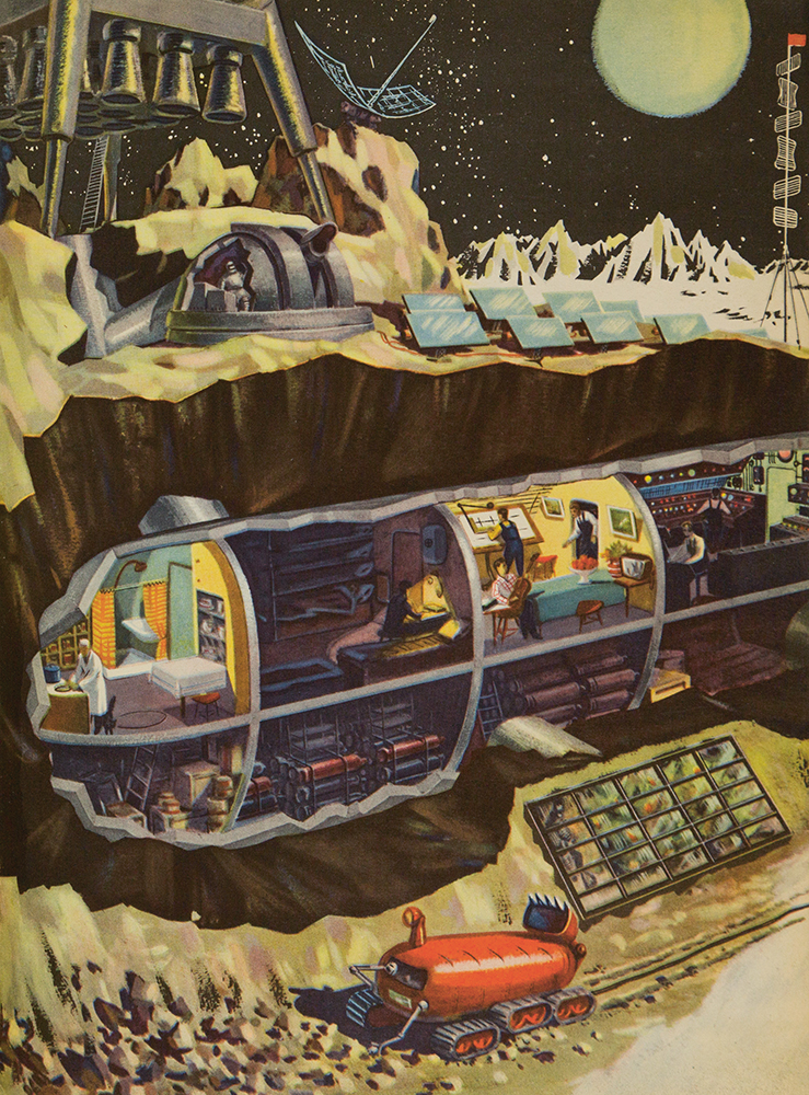 Technology for the Youth, issue 2, 1959, illustration by B. Dashkov for the article ‘What Would a Space Station on the Moon Look Like?’ 