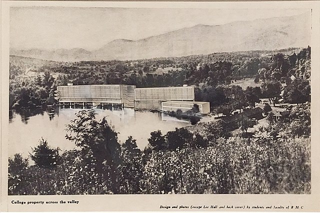 Drawing of planned campus building overlooking Eden Lake at Black Mountain College in Asheville, North Carolina (1938) Architectural design by Marcel Breuer and Walter Gropius (artist anonymous) Photograph with collage, ink, and gouache, on woven paper Scanned from exhibit at Harvard Art Museums