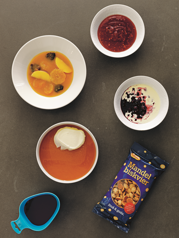 Berry Compote (raspberry); Danish Berry Dessert with Cream; Almond Biscuits; Sweet Blueberry Soup; Rosehip Soup with Cream; Soup of Dried Fruits. Photograph by Erik Olsson. From The Nordic Cookbook