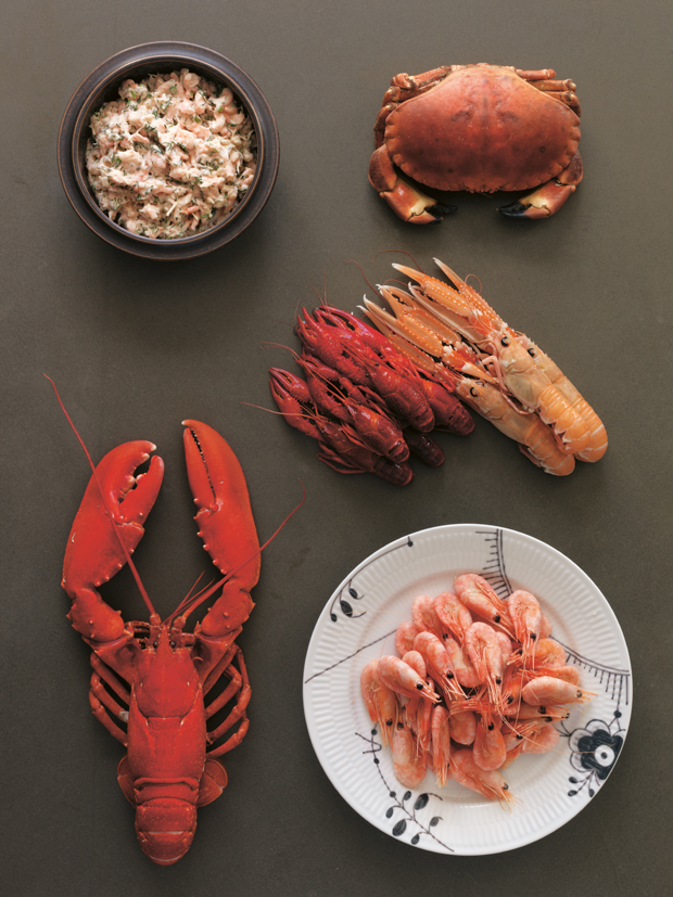 Marine Mammals and Seafood. Clockwise from top left: Skagen Salad; Crab; Langoustine; Crayfish; Shrimp; Lobster. From the Nordic Cookbook