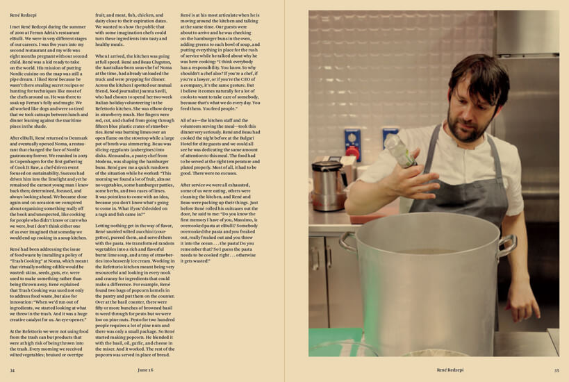 A spread from Bread is Gold featuring René Redzepi, one of those who cooked for Massimo