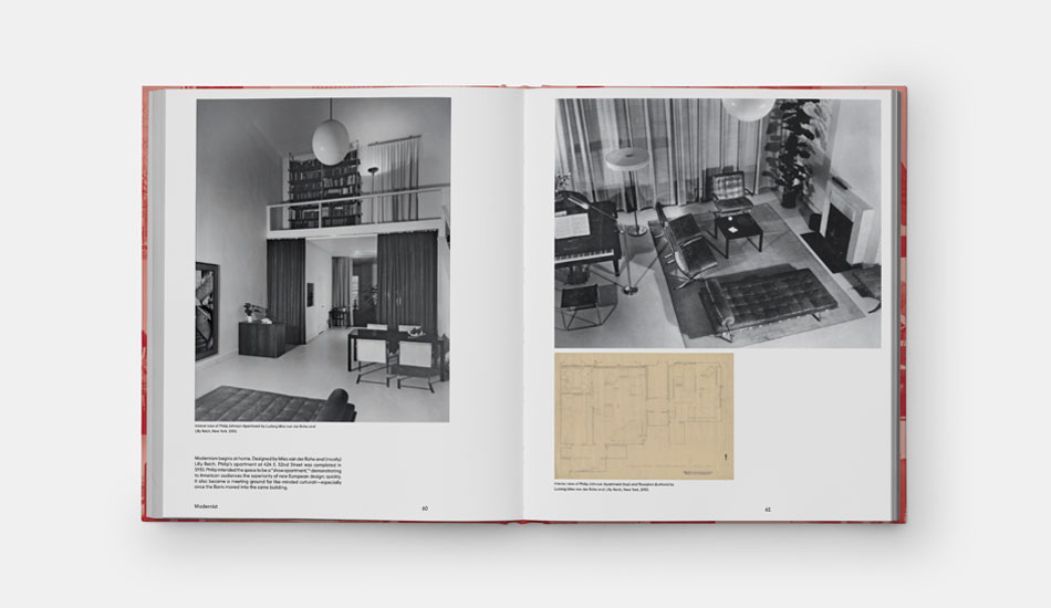 Pages de notre nouveau livre, montrant le travail de van der Rohe et Lily Reich sur l'appartement new-yorkais de Johnson's work on Johnson's New York apartment