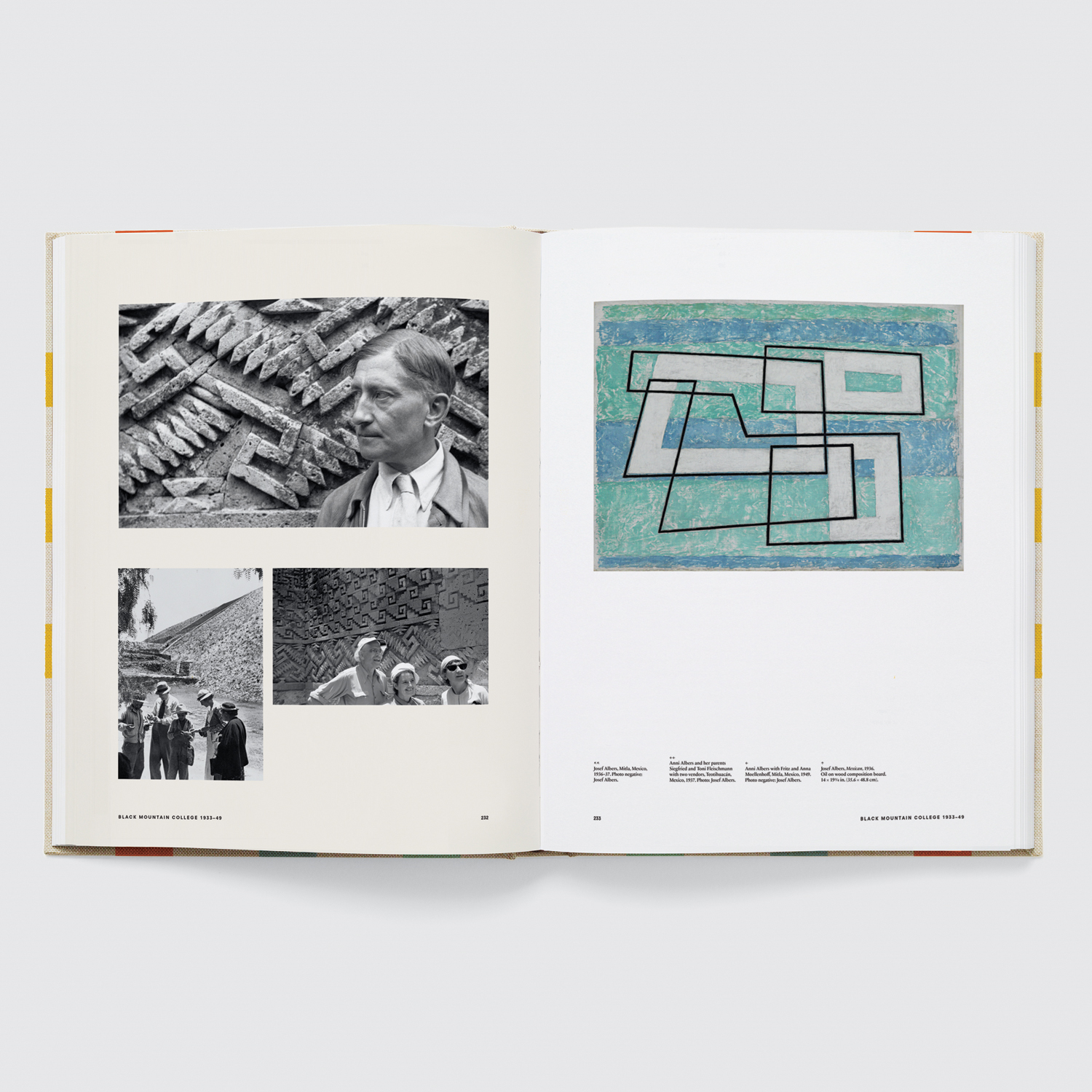 Anni & Josef Albers: Equal and Unequal by Nicholas Fox Weber, Phaidon; Josef Albers, Mitla, Mexico, 1936–37 (top left), Anni Albers and her parents Siegfried and Toni Fleischmann with two vendors, Teotihuacán, Mexico, 1937 (bottom left), Anni Albers with Fritz and Anna Moellenhoff, Mitla, Mexico, 1949 (centre left), Josef Albers, Mexican, 1936 (right), pages 232-233