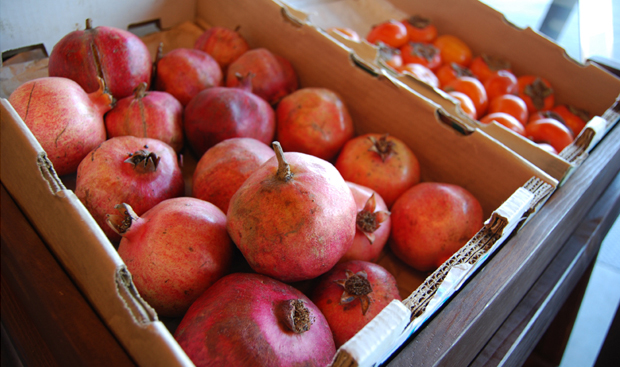Organic pomegranates, just some of the fresh and organic produce available in the San Francisco Ferry Buildings and piers