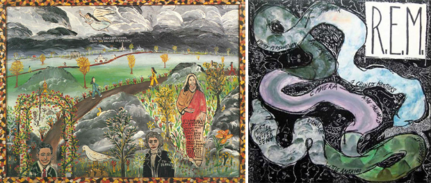 'The Angel Turns the Storm' (l) as featured in Phaidon's 'The American Art Book' by the artist and Baptist preacher Howard Finster, who also painted the artwork for the 1984 R.E.M. album, 'Reckoning' (r)