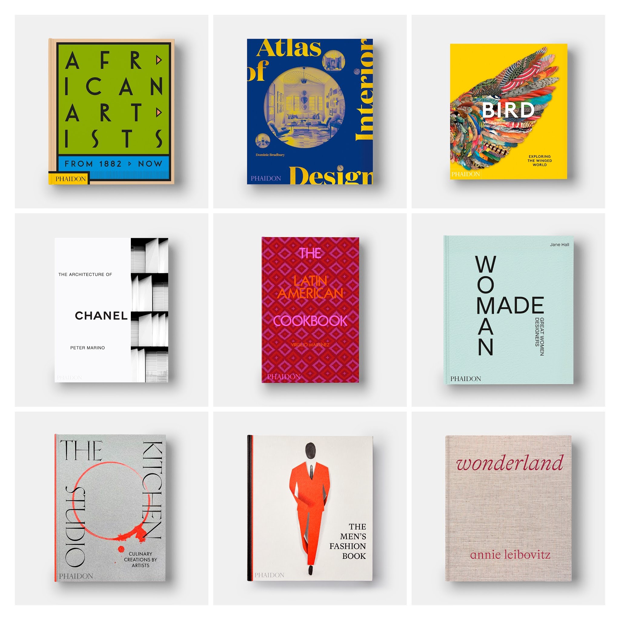 A selection of books from our Fall 2021 list. From the top left, reading across: African Artists, Atlas of Interior Design; Bird; Peter Marino: The Architecture of Chanel; The Latin American Cookbook; Woman Made; The Kitchen Studio; The Men's Fashion Book; Annie Leibovitz: Wonderland