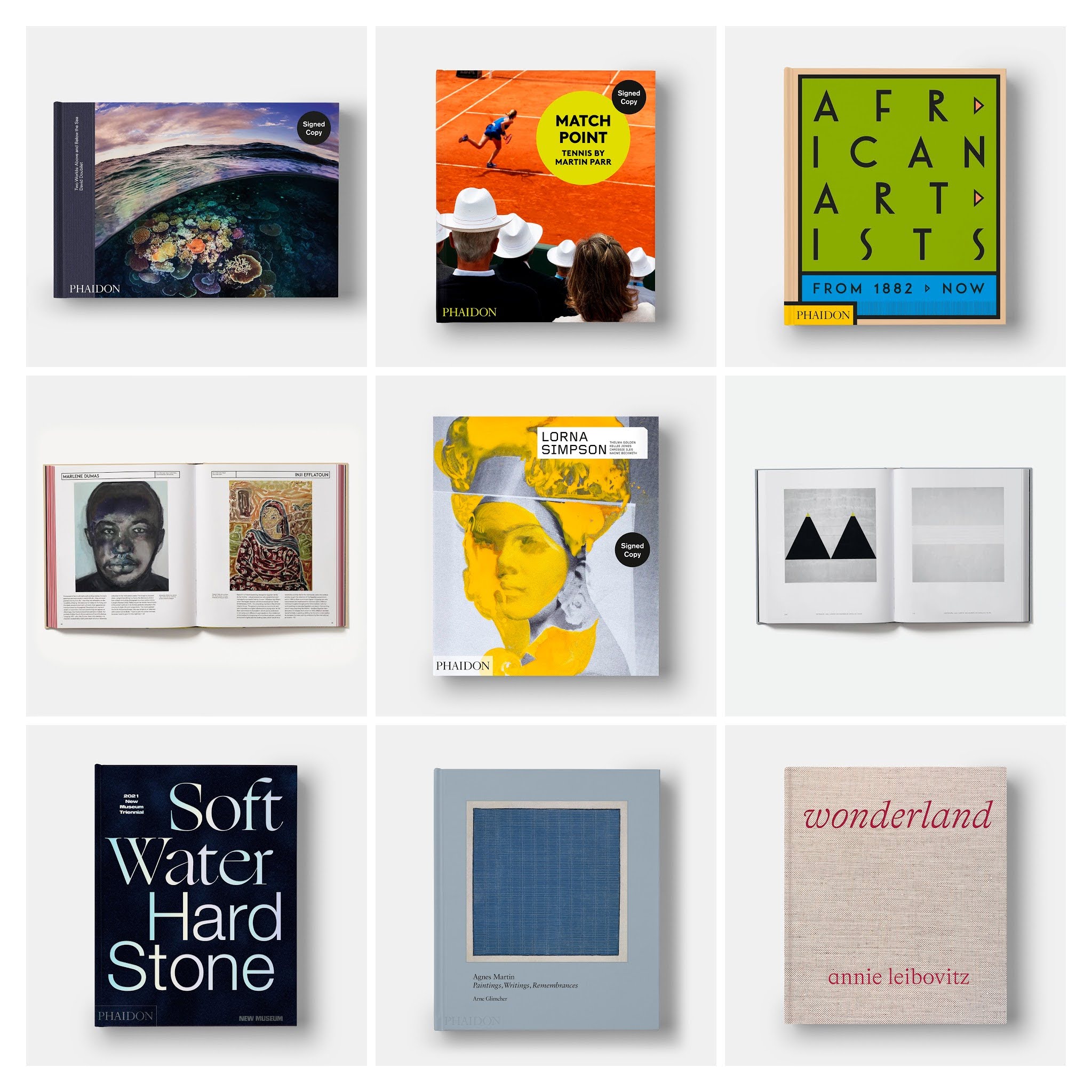 A selection of our new art and photography books. From top left, reading across: Two Worlds: Above and Below the Sea ; Match Point; African Artists; a spread from African Artists; Lorna Simpson; a spread from Agnes Martin; Soft Water, Hard Stone; Agnes Martin; Annie Leibovitz: Wonderland