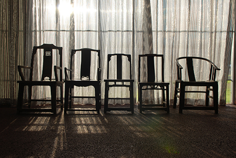 Ai Weiwei, Fairytale–1001 Chairs, 2007 (Group #A14) Qing dynasty wooden chairs (1644-1911), 5 chairs, different sizes installation shot at Aue-Pavillon, Documenta12, 2007, Kassel. Collection of Erlenmeyer Foundation, Switzerland