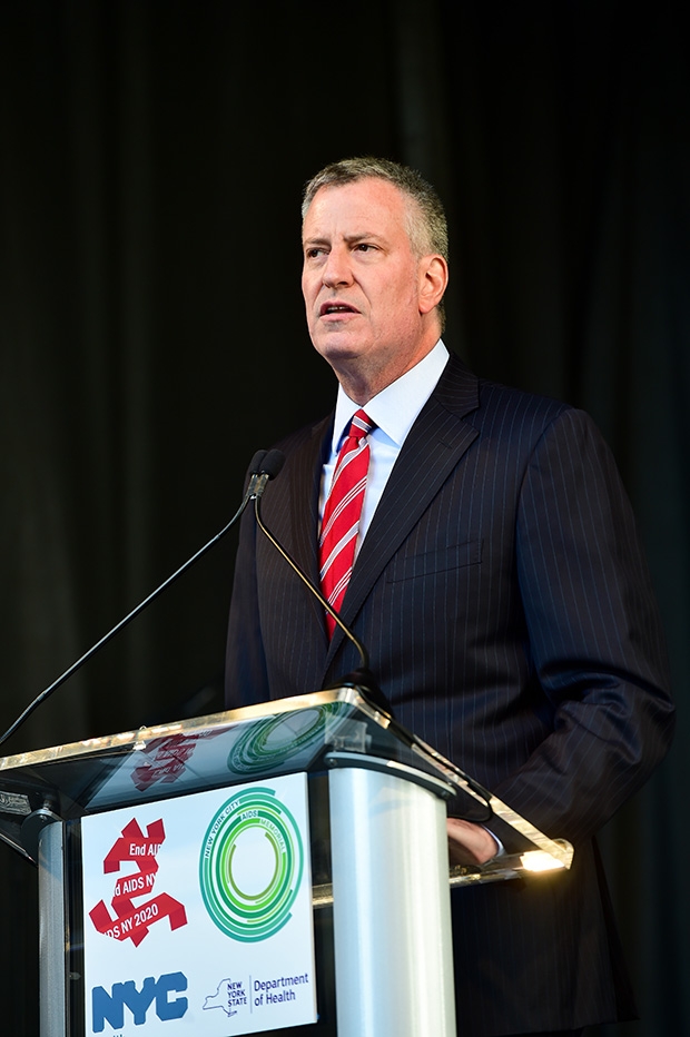 Mayor Bill de Blasio speaking at the opening of the New York City AIDS Memorial. Photograph by Photograph by Max Flatow