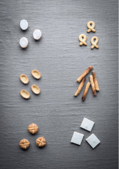 Clockwise from top left: Glazed Individual Almond Tarts; Berlin Crowns / Egg Kringles; Rolled Tuiles; Danish Glazed Raspberry Squares; Shortbread and Almond Tarts; Almond Tart Shells