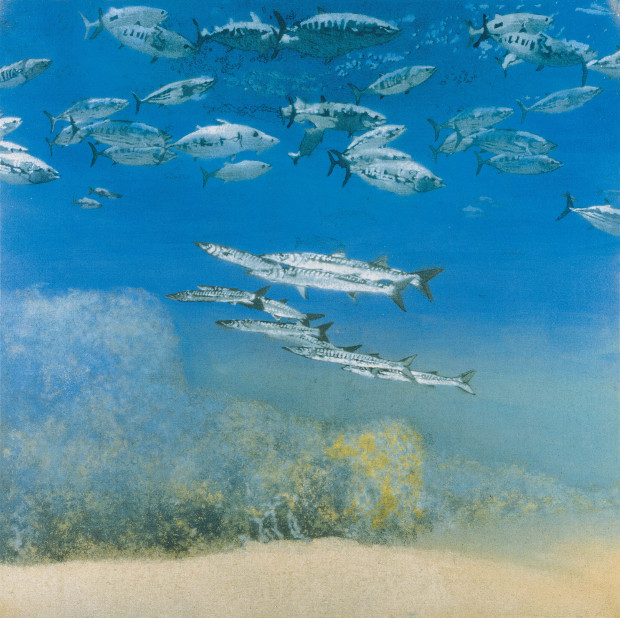 Michael Andrews, School IV: Barracuda under Skipjack Tuna, 1978 Acrylic on canvas 175.2 × 175.2 cm 69 × 69 inches. © The Estate of Michael Andrews. Courtesy James Hyman Gallery, London