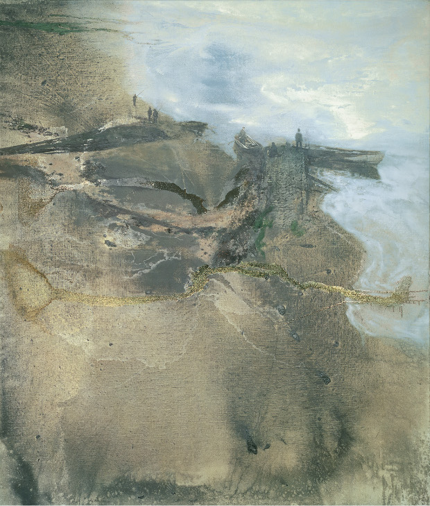 Michael Andrews, Thames Painting: The Estuary, 1994 - 1995 Oil and mixed media on canvas 86 9/16 x 74 7/16 inches 219.8 x 189.1 cm. Collecton of Pallant House Gallery © The Estate of Michael Andrews. Courtesy James Hyman Gallery, London. Photo: Mike Bruce/Gagosian