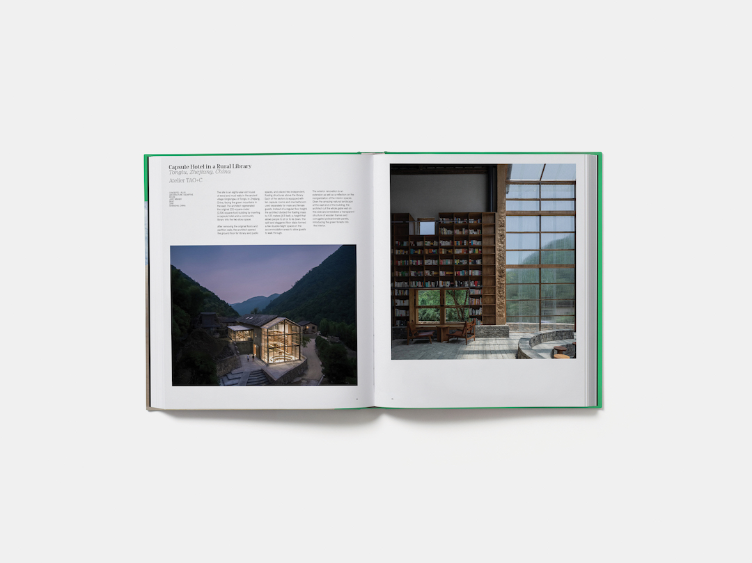 Pages from Architizer: The World's Best Architecture 2020 showing Capsule Hotel in a Rural Library