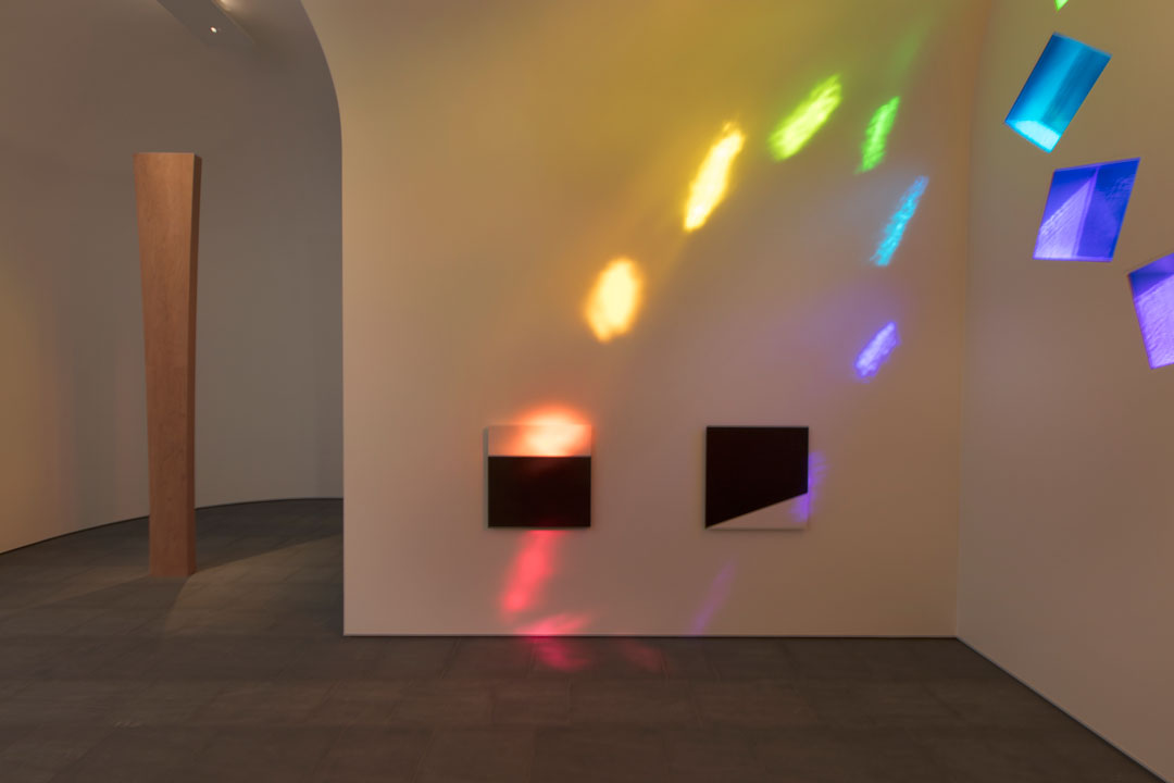 Ellsworth Kelly, Austin, 2015 (Interior, facing north) Artist-designed building with installation of colored glass windows, marble panels, and redwood totem 60 ft. x 73 ft. x 26 ft. 4 in. ©Ellsworth Kelly Foundation Photo courtesy Blanton Museum of Art, The University of Texas at Austin