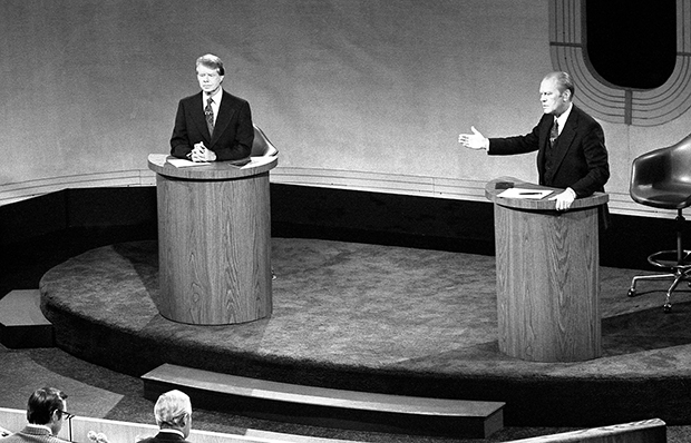 David Hume Kennerly, President Ford and Jimmy Carter meet at the Walnut Street Theater in Philadelphia to debate domestic policy during the first of the three Ford-Carter Debates, September 23, 1976. Courtesy Gerald R. Ford Library