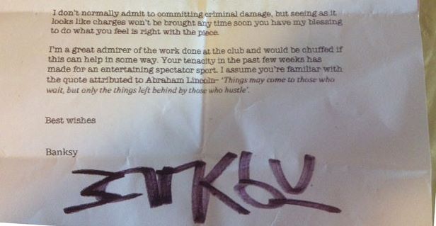 Banksy's letter to Bristol youth leader Dennis Stinchcombe