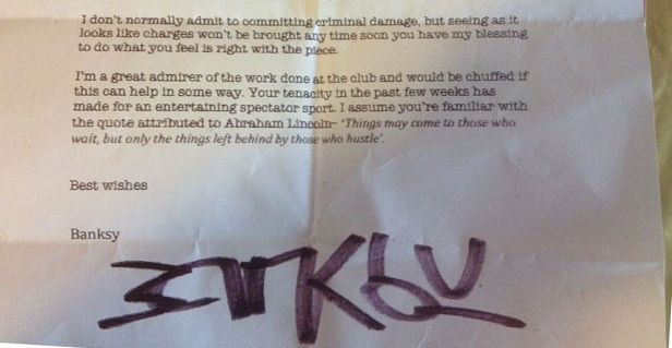 Banksy's letter to Bristol youth leader Dennis Stinchcombe