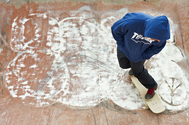 Lance Mountain Riding Matthew Barney's board, by Joe Brook, courtesy of Juxtapoz Magazine