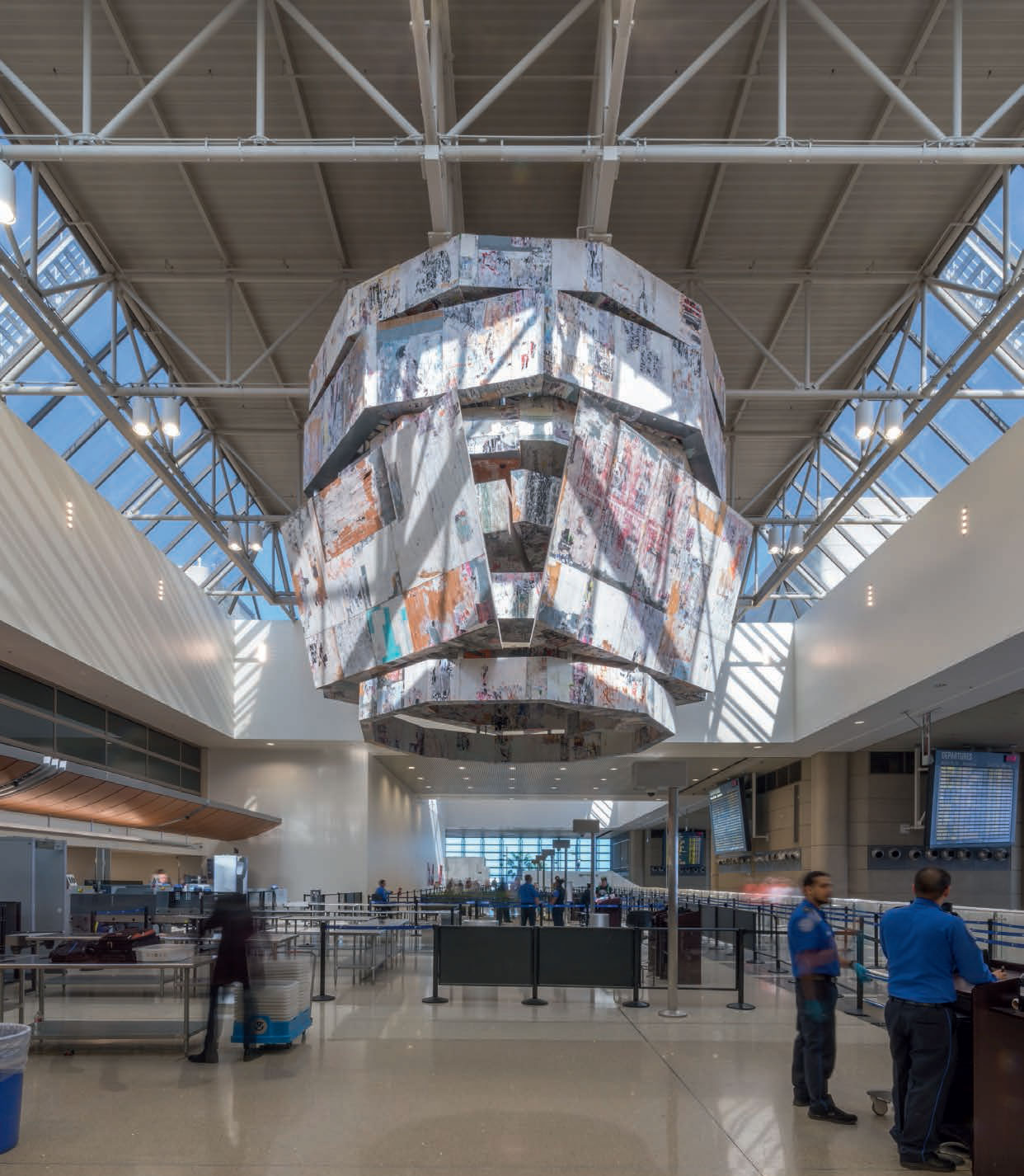 Bell Tower (2014) by Mark Bradford. Installation view at Los Angeles International Airport. As reproduced in our new Contemporary Artist Series book