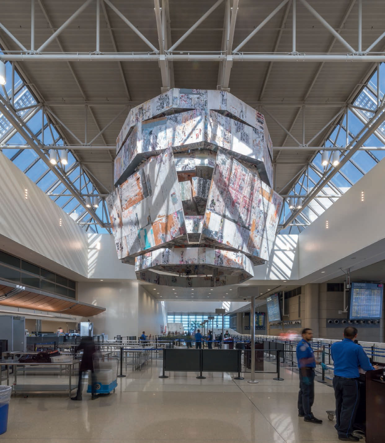 Bell Tower (2014) by Mark Bradford. Installation view at Los Angeles International Airport. As reproduced in our new Contemporary Artist Series book