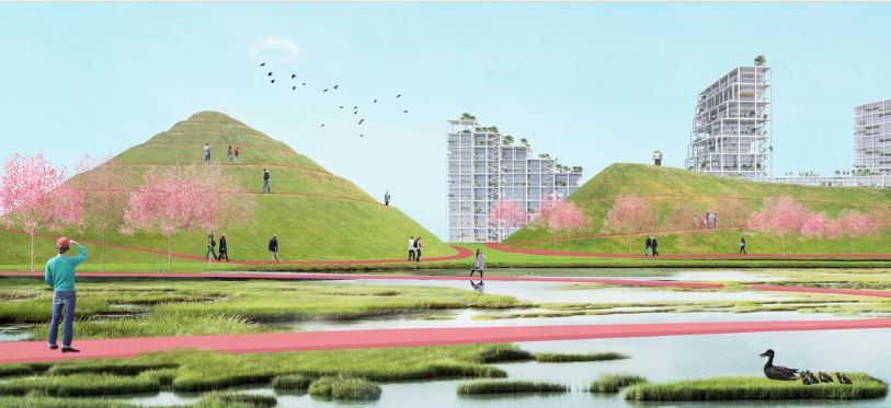 A rendering from Bjarke Ingels Group (BIG), One Architecture + Urbanism (ONE), and Sherwood Design Engineers (Sherwood)'s plan for San Francisco's Islais Creek