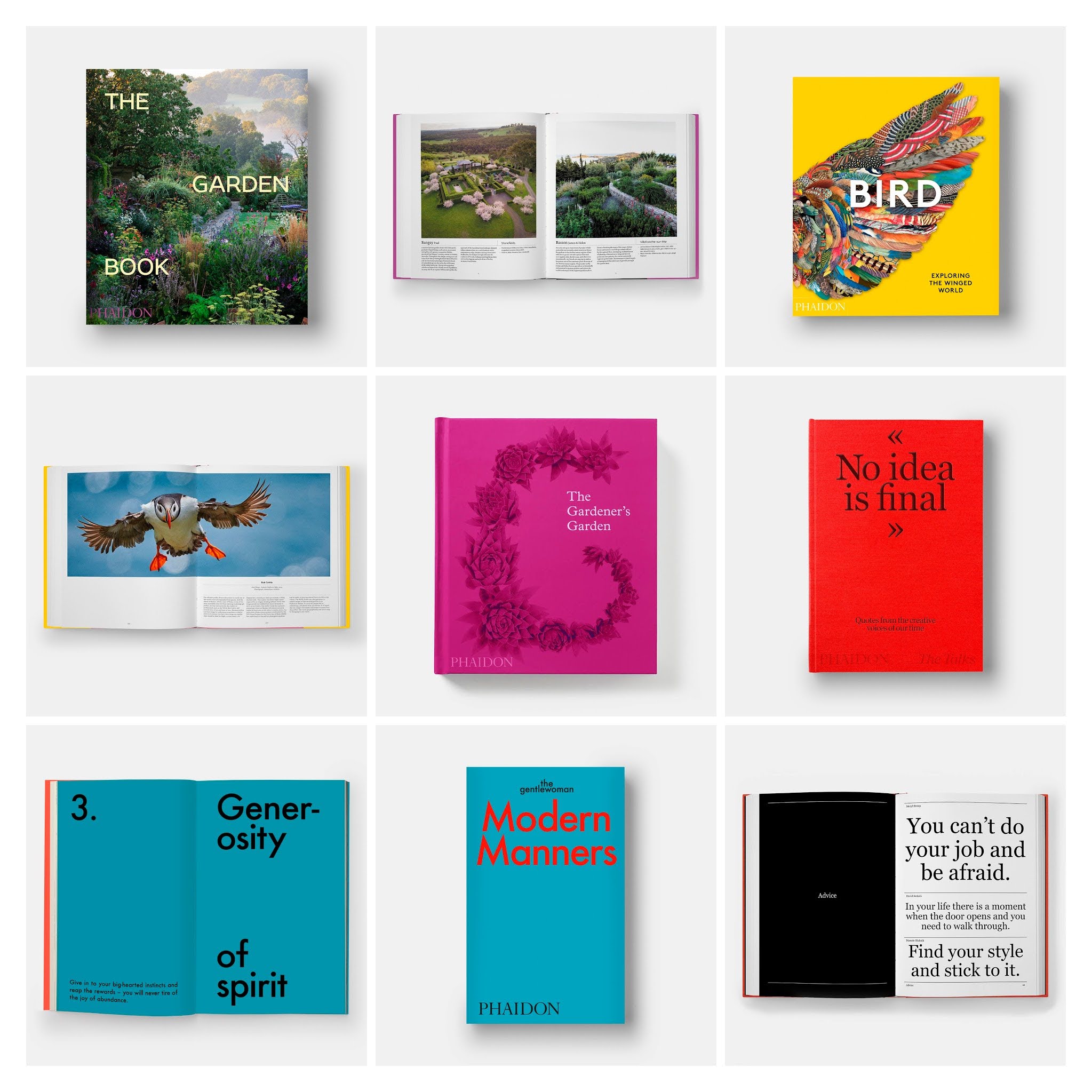 Our general interest list for fall 2021, which includes (from top left, reading down and across): The Garden Book; pages from The Garden Book; Bird; pages from Bird; The Gardener's Garden; The Talks – No Idea is Final; pages from Modern Manners; Modern Manners; pages from The Talks – No Idea is Final
