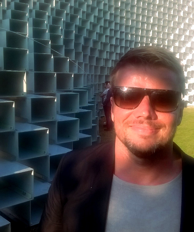 Architect Bjarke Ingels photographed June 8 in front of the Serpentine Pavilion 2016 designed by Bjarke Ingels Group (BIG)