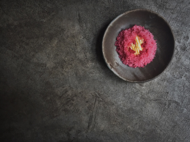 Black pepper and vanilla mousse, rhubarb granita, olive oil. Image courtesy of Contra