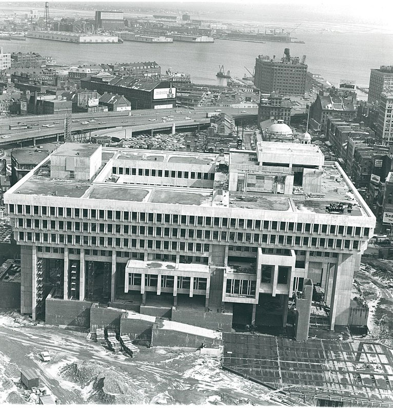 Boston City Hall nearing completion in 1968. Image courtesy of Boston Redevelopment Authority via Wikimedia Commons