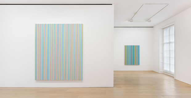 Installation view of Bridget Riley The Stripe Paintings 1961-2014, at David Zwirner, London