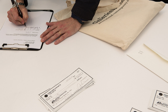 Jonathan Horowitz's cheque at Gavin Brown's Enterprize's booth. Image courtesy of Frieze