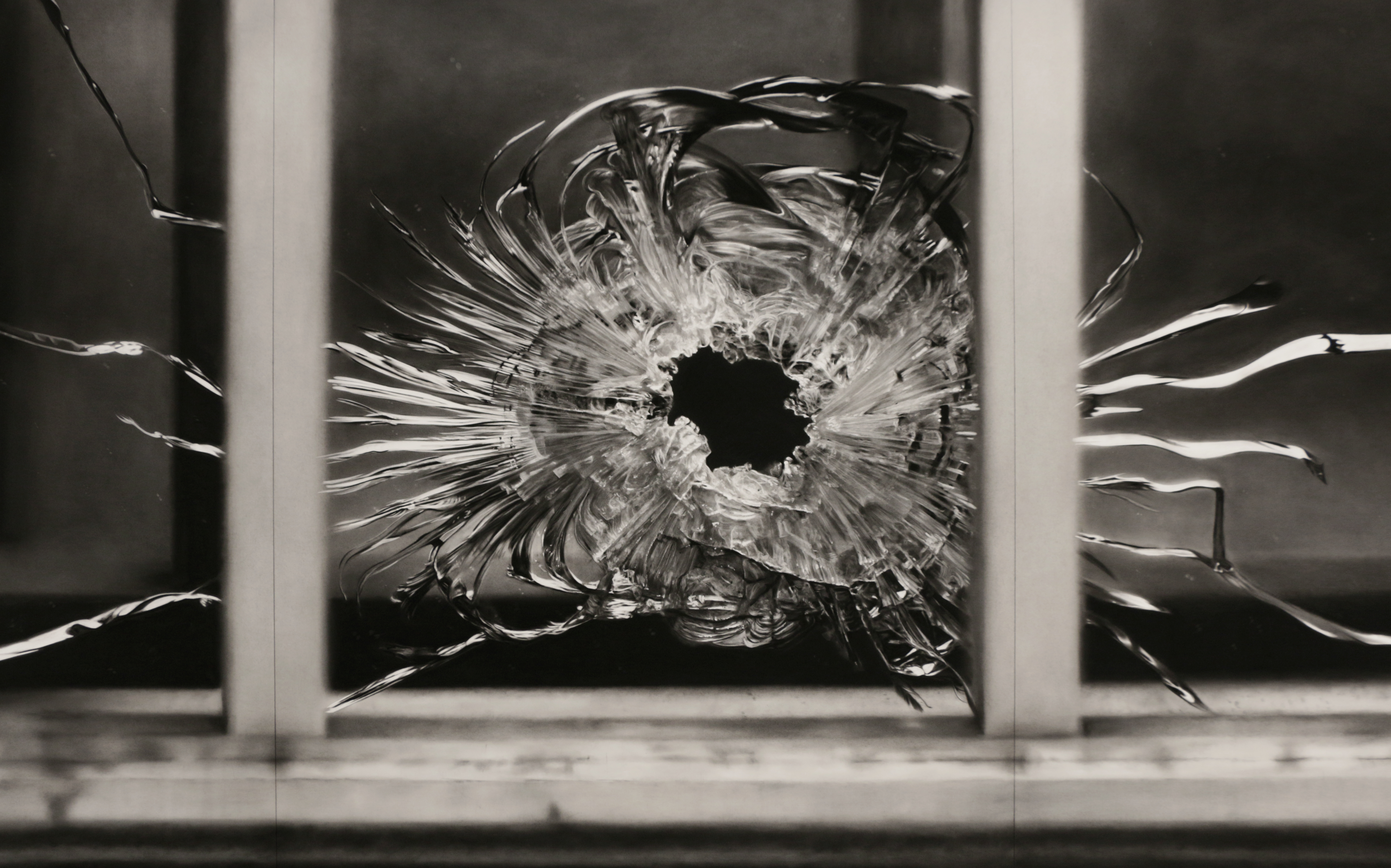 Bullet Hole in Window, January 7, 2015, (2015-2016) by Robert Longo. Image courtesy of Galerie Thaddaeus Ropac