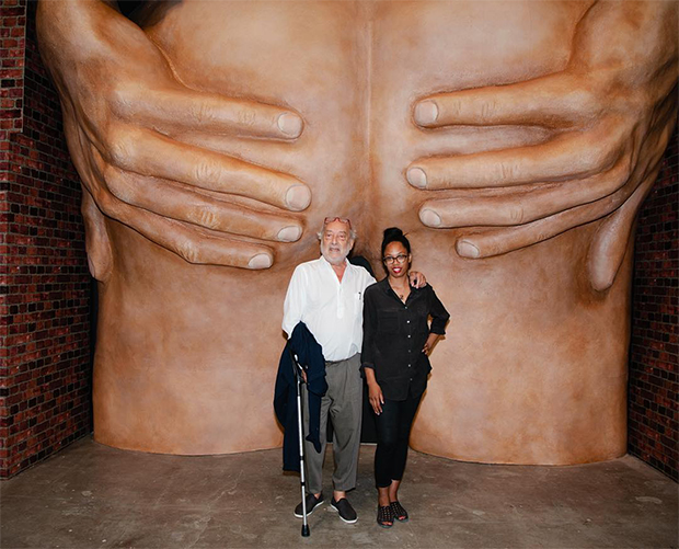 Gaetano Pesce and Anthea Hamilton in front of Anthea Hamilton's Project for door (After Gaetano Pesce) (2015). Image courtesy of the SculptureCenter's Instagram
