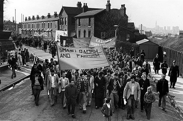 Anti-National Front demonstrators by Vanley Burke. From At Home with Vanley Burke, Ikon Gallery, Birmingham, 22 July – 27 September 2015, ikon-gallery.org. Courtesy Vanley Burke and Ikon