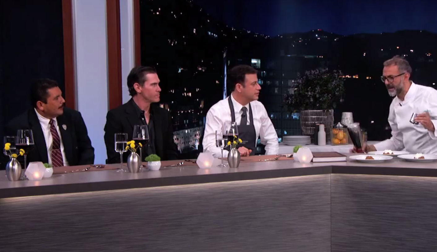 Bottura prepares dishes for (from left) Guillermo Rodriguez, Billy Crudup, and Jimmy Kimmel