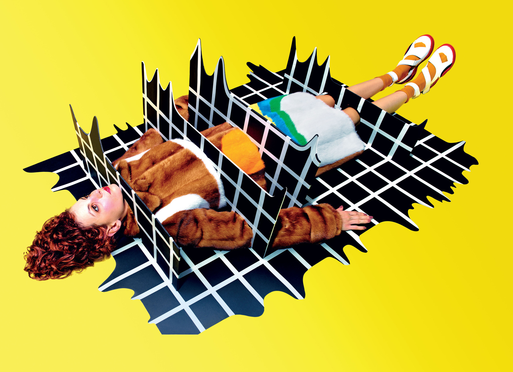 Coat and shoes, Prada; socks, Calzedonia, shot by Maurizio Cattelan and Pierpaolo Ferrari for New York Magazine