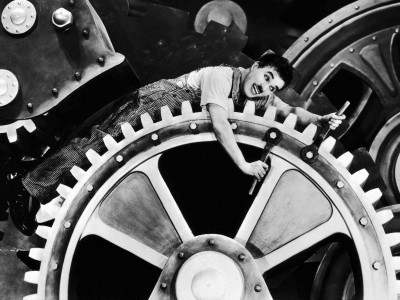 A still from Modern Times (1936) by Charlie Chaplin