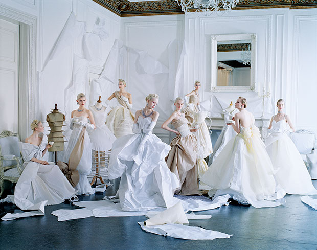 Maja Salamon, Ola Rudnicka, Codie Young, Esmerelda Seay-Reynolds, Nastya Sten, Sasha Luss, Alexandra Kivimäki, and Alice Cornish in paper dresses and jewelry created by  Rhea Thierstein. Hair, Julien d’Ys; makeup, Lucia Pieroni; production design, Rhea Thierstein; London, May 2014. From Grace: The American Vogue Years and Saving Grace: My Fashion Archive 1968-2016