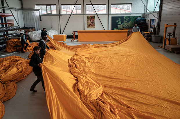 75,000 square metres of yellow fabric are sewn into panels in Lubeck, Germany, February 2016