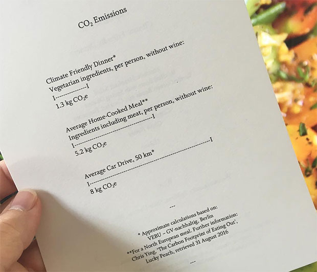 The menu from Studio Olafur Eliasson's dinner for the Climate Museum's Miranda Massie. Image courtesy of the artist's Instagram 