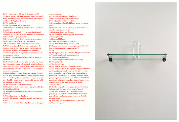 Michael Craig-Martin, An Oak Tree, 1973 Glass, water, shelf and printed text 5 7/8 x 18 1/8 x 5 1/2 inches  (15 x 46 x 14 cm) © Michael Craig-Martin. Courtesy of the artist and Ggaosian Gallery.